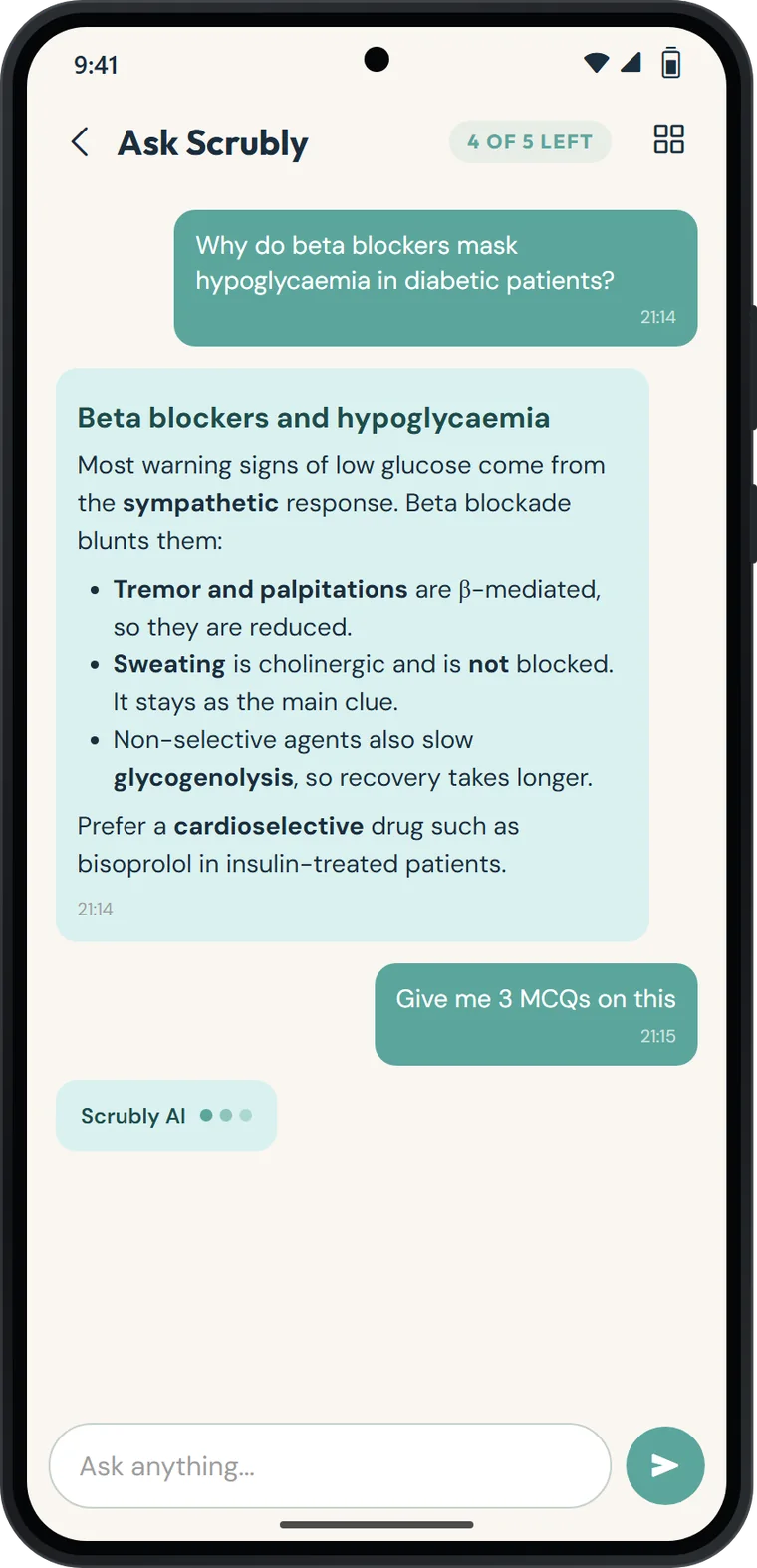 Ask Scrubly chat explaining why beta blockers mask hypoglycaemia