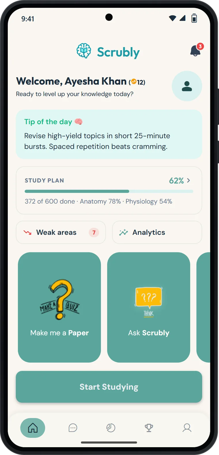 Scrubly dashboard with tip of the day, study plan progress and quick actions