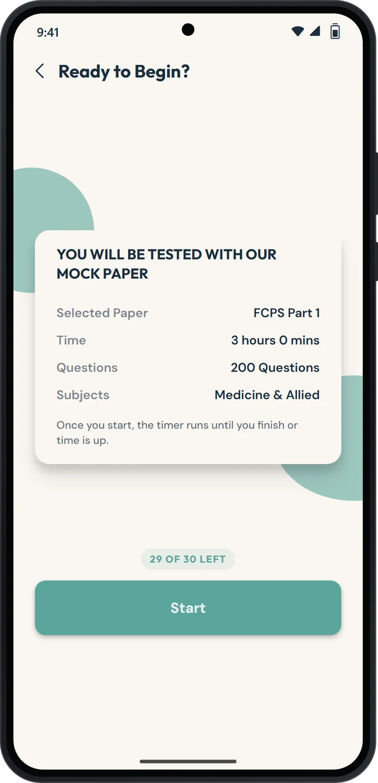 Make My Paper screen showing an FCPS Part 1 Medicine paper with 200 questions in 3 hours