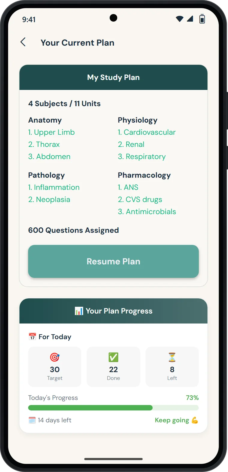Study plan screen with four subjects, today's target of 30 MCQs and 14 days left