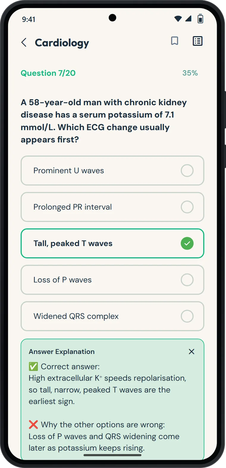 Scrubly question screen with the correct answer marked and its explanation